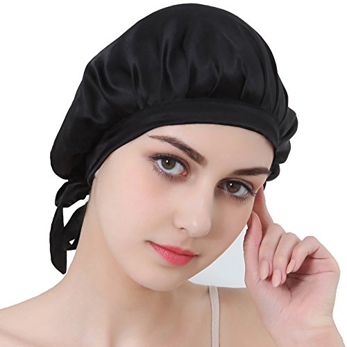 Natürliche Seide Schlaf Nacht Cap Kopf Abdeckung Haube für Haar Schönheit Hut (Schwarz) - 2