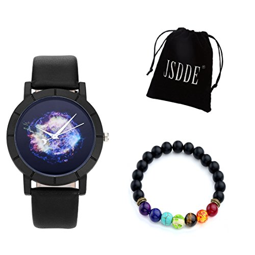JSDDE 2pcs Montre Set Montre à Quartz Femme Cadran Couleur de l'étoiles Ciel Bracelet PU +7 Chakra Bracelet Pe