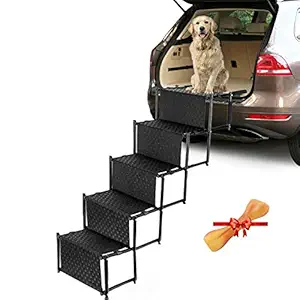 Portable Car Stair for Large Dogs, 5-step Folding Lightweight Pet Ramps with Metal Frame and Wide Steps, Dog Ladder with Nonslip Surface for Couch, High Beds, Trucks, Cars and SUVs, Supports up 150Lbs