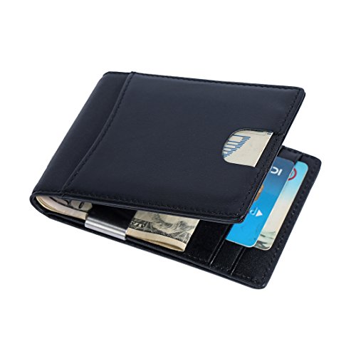 Cartera con Bloqueo RFID, Carpeta del Cuero, Clip de Billetera, Piel Auténtica Cartera Slim Tarjeta de Crédito (Black)