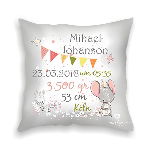 wolga-kreativ Kissen mit Namen Baby Geburt Datum Gewicht Taufe süßer Maus 40x40 cm incl. Füllung Namenskissen Kinderkissen (glatt)