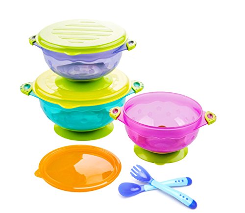 Stay Put 3 Sizes Suction Bowl and Hot Safety Fork and Spoon Set, Snap Tight Lids, FDA Approved and BPA-Free, Microwaveable