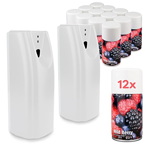 DripDropDryFull Starter Set - 2 Automatic Air Fresheners & 12 Wild Berry Aerosol Refill Cans- Commercial Toilet (White)
