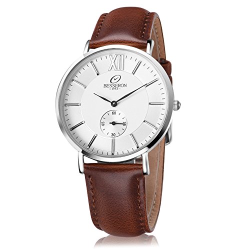 BESSERON Casual Herren Armbanduhr Edelstahl Quarzwerk Uhren mit Braun Leder Band BESSERON Casual Herren Armbanduhr Edelstahl Quarzwerk Uhren mit Braun Leder Band