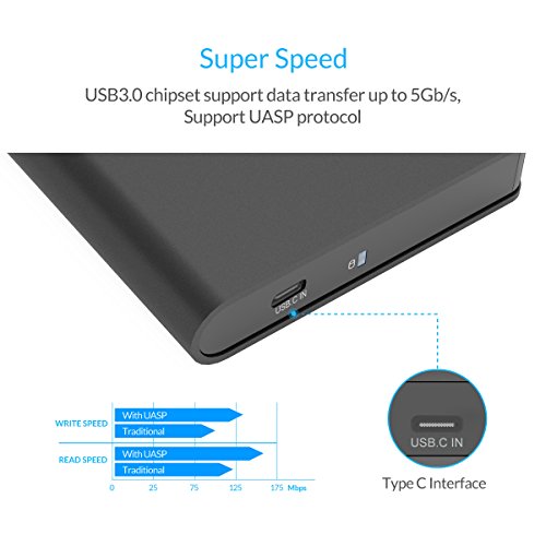ORICO Aluminium 2,5″ USB Typ C Festplattengehäuse Extern, USB 3.0, für SATA 2,5-Zoll Notebook Interne HDD und SSD von 9,5 / 12,5 mm, Werkzeugfreie Montage, Hochgeschwindigkeits 5 Gb/s, UASP Beschleunigung - 3
