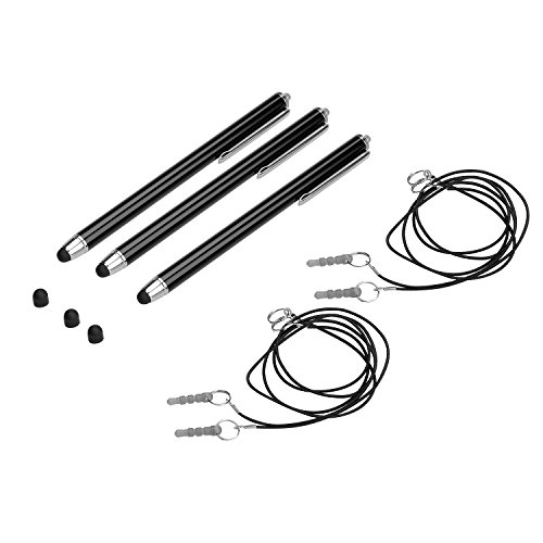 tinxi® 3er Pack Universal Stylus Stift Touch Pen Eingabestift Touchpen mit 3x Ersatzspitzen 2x Schnur hängen mit Staubkappe in Schwarz für alle Geräte mit kapazitiven Touchscreen Smartphone Handy PDA Tablet PC