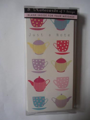 8 pack of note cards + envelopes tea pots cups & saucers design 'Just a Note' Blank inside