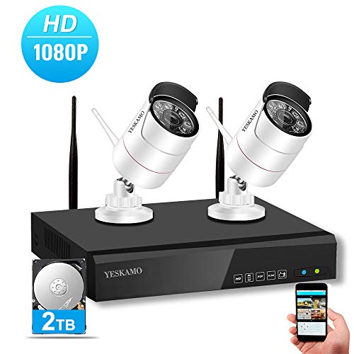 YESKAMO Kit Vidéo Surveillance sans Fil Système de Sécurité Caméra WiFi Exterieur 4CH 1080P NVR + 2 HD 2MP IP66 Caméras avec 2 TB Disque Dur Vision Nocturne, Accès à Distance