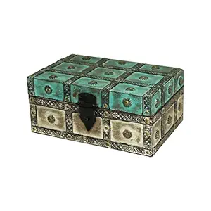 Indune's Distressed Turquoise & White Wooden Chest Box With Iron Claddings For Home Decor
