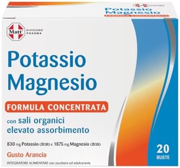 Matt, Potassio Magnesio Formula Concentrata, Integratore Alimentare con Sali Organici, per la Normale Funzione Muscolare e per la Riduzione della Stanchezza, Confezione da 20 Bustine Gusto Arancia