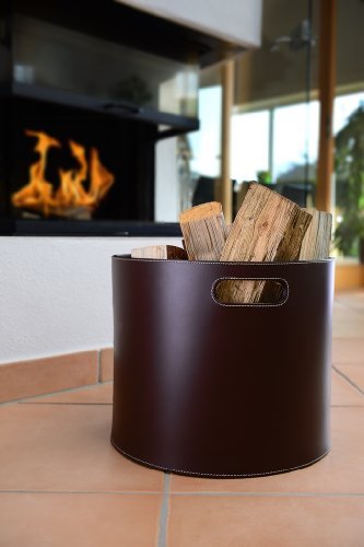 Holzkorb, Korb für Kaminholz, Echt-Leder, braun