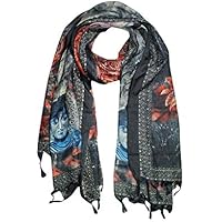 Womens Black Buddha Print Scarve Silk Blend Summer Style Shawl Wraps Stole