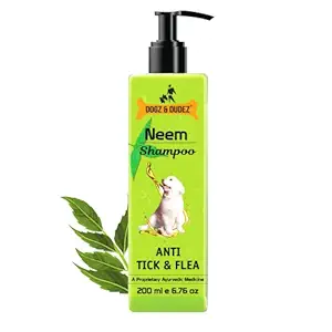 Dogz & Dudez Dogs and Cats Shampoo Anti Tick & Flea | Organic Natural Neem & Lemongrass ? Anti Itching, Insect Repellent ? 200 ml - One Month Supply