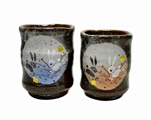 TANGDI CHDENUO Kutani Ware K4-682 Jumping Rabbit Pair Japanese Teacups Yunomi Brown Color
