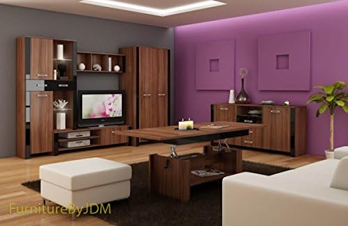 Living Room Furniture Set, TV Wall Unit"HUGO II" TV Bench, Free Standing Display Unit, Wall-mounted Shelve, 2D Wardrobe, Chest Of Drawers and Top Lift-up Coffee Table. (Plum Wallis/Black Gloss)