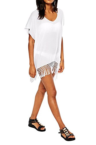 Jastore®Damen weiß Strandponcho Sommer Überwurf Kaftan Strandkleid Bikini Cover Up - 4