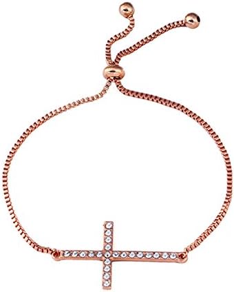 Women Girls Rhinestone Sideways Cross Bracelets Cross Anchor Bracelet (Rose Gold)