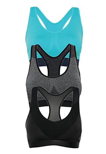 3er Pack Sport-BHs ohne Bügel Schwarz Blau Grau braboo starker Halt Racerback Yoga Fitness-Training Sport-Bra Bustier S M L XL