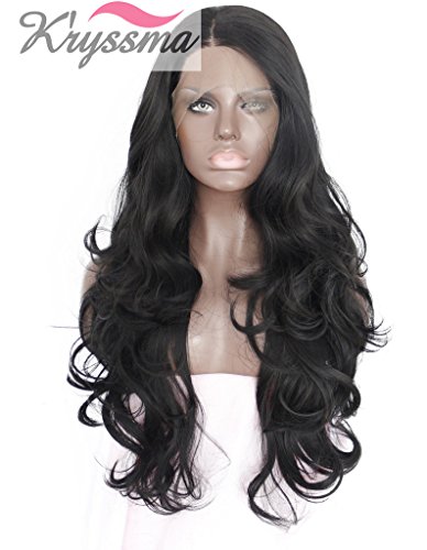 K'ryssma Natural Looking Long Black Wavy Synthetic Hair Lace Front Wigs For Women Side Part Heat Resistant Fiber Half Hand Tied 24 Inches