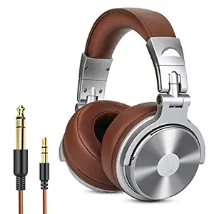 OneOdio Foldable Over Ear Wired Stereo Sound Headphone with 50 mm Driver, Protein Earmuffs and Shareport for Recording Monitoring Podcast PC TV with Mic (Silver)