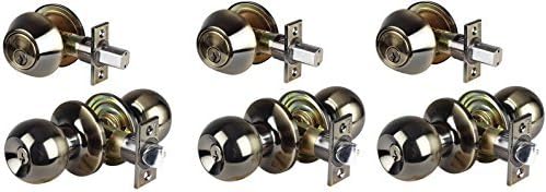 Set of 3 Combo Entry Lock Set Door Knob & Deadbolt Keyed Alike Keyway: KW1 Gold - Silver - Antique Brass (Antique Brass) by Kenaurd