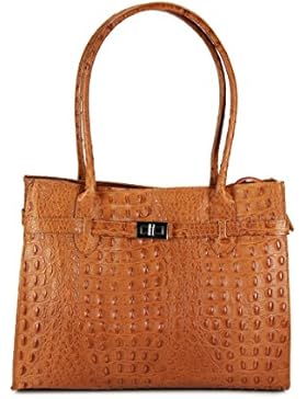 BELLI klassische ital. Leder Handtasche Schultertasche cognac Kroko Prägung - 35x27x15 cm (B x H x T)