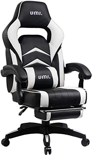 Umi Silla Gaming Escritorio Oficina con Reposapies Gamer Ordenador Despacho Garantía de 2 años Sillas Ergonomica con Cojin Ajustable Color Blanco