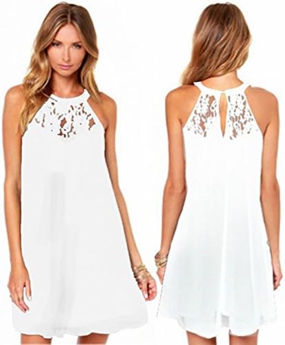 Summer Dress Sleeveless Lace Stitching Loose Short Skirt Piece Skirt Round Neck Female Dress,White,M