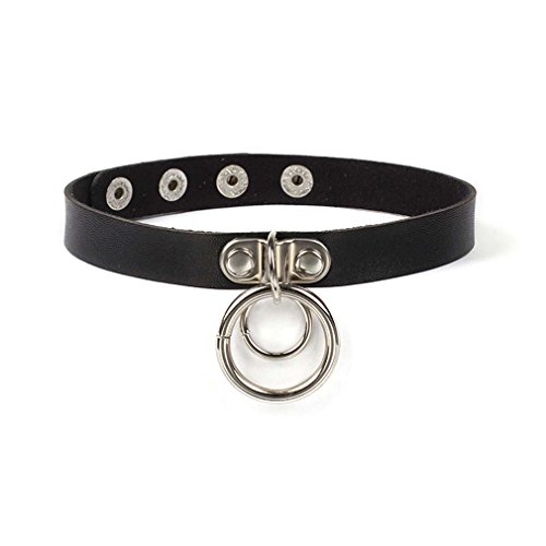 MJARTORIA Damen Leder Choker Breit Lederhalsband Halskette Lederband Metall Ring Schwarz (Type 2)