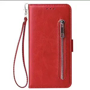 Teletel Zipper Series Flip Mobile Cover Pu Leather | Card & Cash Pockets | Magnetic Loop | Front Zip Lock Wallet Case (Red) for Samsung Galaxy J6 Plus +