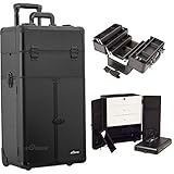 2-in-1 professional trolley makeup case. High quality aluminum finish and construction with reinforced steel corners for extra durability. Easy to clean interior.