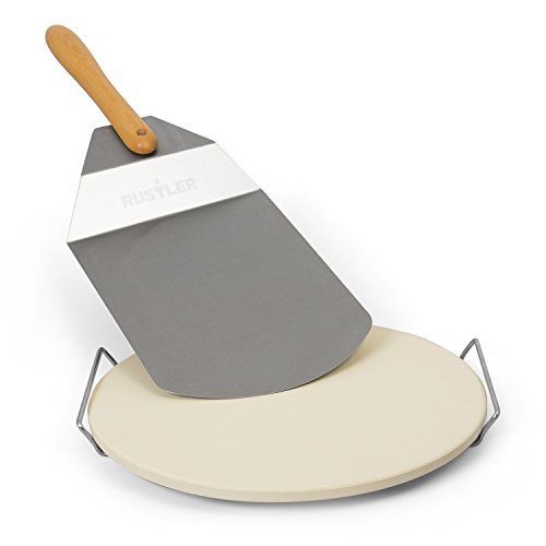 Rustler Pizzastein mit Gestell - rund - 38cm + Pizzaschieber (Edelstahl/Holz)