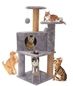 Hiputee Soft Fur Three Floor Condo Activity Cat Tree - Natural Sisal Rope, Scratching Post, Hanging Balls for Cats and Kittens (Height 38.5 inch) (Grey)