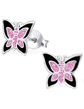 GH1a Pink Schwarz Glitzer Schmetterling Ohrstecker 925 Sterling Silber Ohrringe Mädchen Kinder