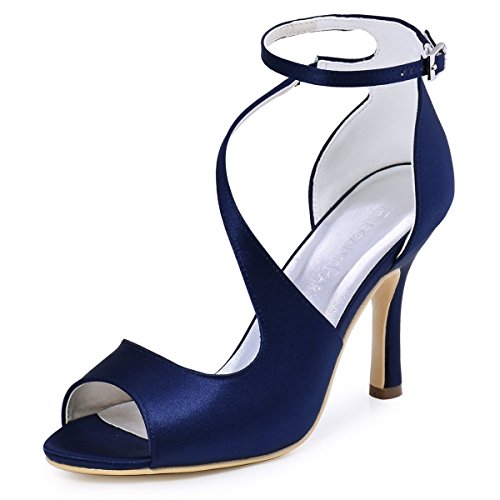 ElegantPark HP1565 Mujer Peep Toe Sandalias Boda Tacón De Aguja Correa De Tobillo Satén Zapatos De Novia BLU Navy 39