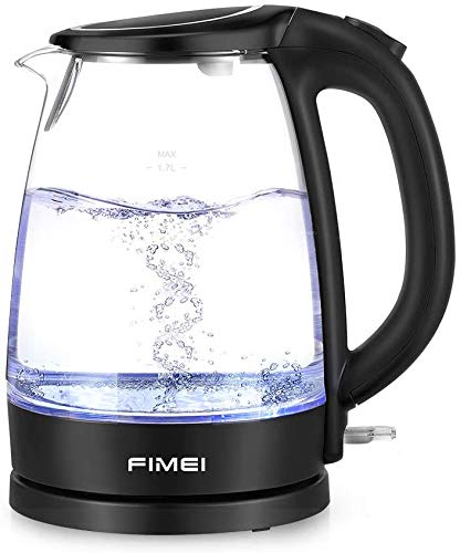FIMEI Bouilloire électrique 1,7L, Bouilloire en Verre avec Eclairage LED, Arrêt Automatique, Protection contre Ebullition, avec Filtre, Ebullition Rapide Silencieuse (2 à 5 Minutes), sans BPA