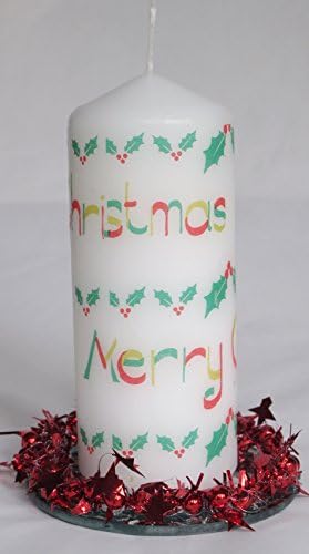 Festive christmas candle on circular tinselled mirror tile
