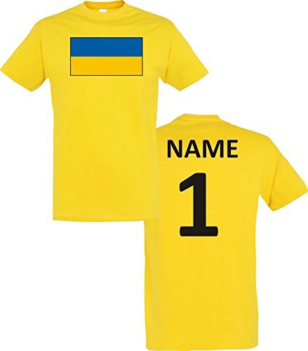 Uni T-Shirt Ukraine Ländershirt mit Wunschnamen und Nummer, Farbe gelb, Größe XL