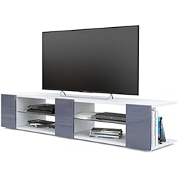 Vladon Meuble TV Armoire Basse Movie V2, Corps en Blanc Mat/Façades en Gris Haute Brillance