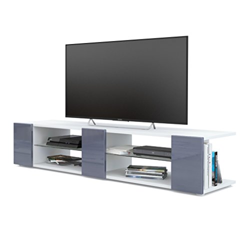 Vladon Meuble TV Armoire Basse Movie V2, Corps en Blanc Mat/Façades en Gris Haute Brillance