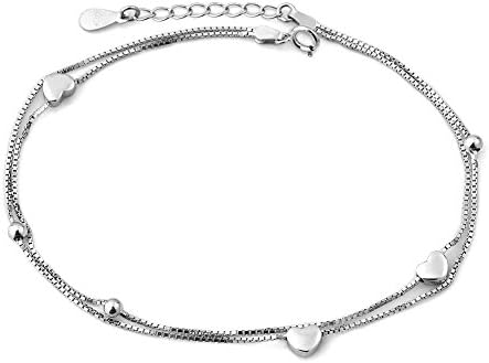 LovelyJewellery 925 Sterling Silver Heart Love Beads Double Chain Adjustable Anklet For Girls&women
