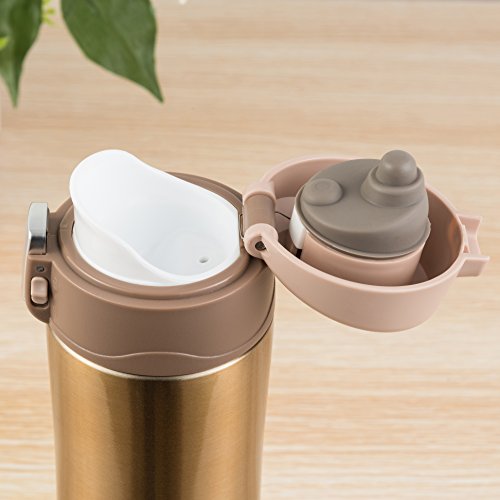 Kooyi Vakuum Isolierbecher aus Edelstahl, Kaffeebecher Reisebecher 450 ml, Koffee to go Becher, einhändig zu öffnen und Trinken, 100% auslaufsicher BPA frei, für kalt und warm … (champagne golden) - 4