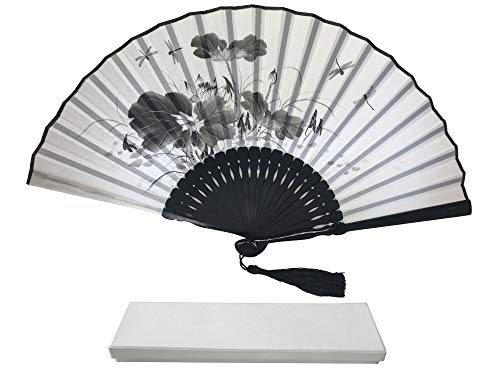 FANSOF.FANS Ink Art Handheld Folding Fan with a Handcrafted Box Fabric Pouch for Women Girls Black and White with Silver Touch Up Durable Folding Fabric Hand Fan (Dragonflies and Flowers)