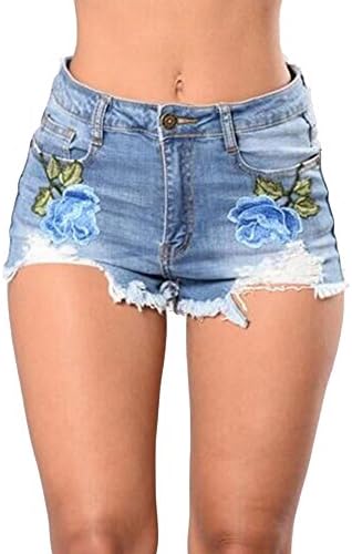 LiuJianQin Jeans ZXQZ Denim Shorts Women's Middle Waist Shorts Embroidery Stretch Denim Shorts Women's jeans (Size : S)