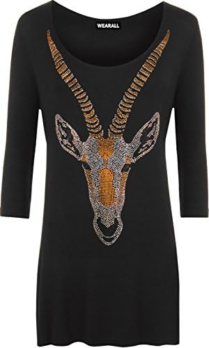 New Womens Sequin Stud Diamante Ram Head 3/4 Sleeve Dip Hem Long Top 14-28