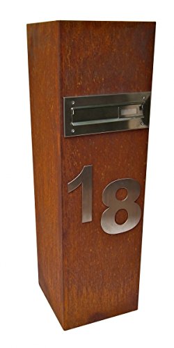 (Rostsäule) Edelrostsäule mit Briefkasten und individueller Hausnummer 100x30x30cm