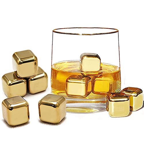 Flow Barware - Juego de 10 piedras de whisky de acero inoxidable para enfriar cubitos de hielo, cubitos de hielo reutilizables de metal para whisky, vino, ginebra y bebidas tónicas 27mm x 27mm dorado