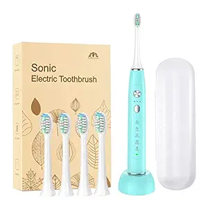 Sonic Electric Toothbrush, Travel Rechargeable Toothbrush for Adults Kids with 5 Modes and 3 Intensity Levels, Waterproof, USB Fast Charging,Smart Timer,4 Brush Heads & Travel Case Included-Blue