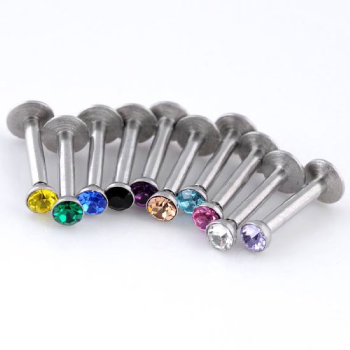 JOVIVI® 10pcs 16G Stainless Steel Mixe-color Czech Crystal Gem Labret Monroe Lip Ring Internal Thread