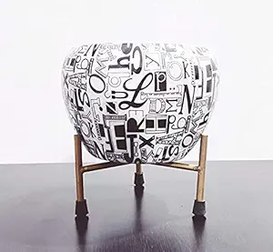 Shyam Decor Compact 5 Inch Metal Alphabetical Printed Planter Pot with Metal Stand White and Black Colour
